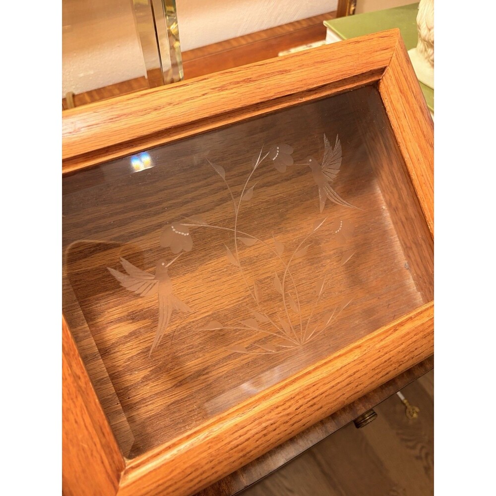 Vintage Wooden Jewelry Box With Etched Glass with flowers and hummingbirds